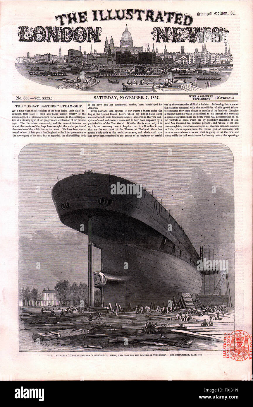 1857 Illustrated London News front page reporting Isambard Kingdom Brunel's ship SS Great Eastern under construction Stock Photo