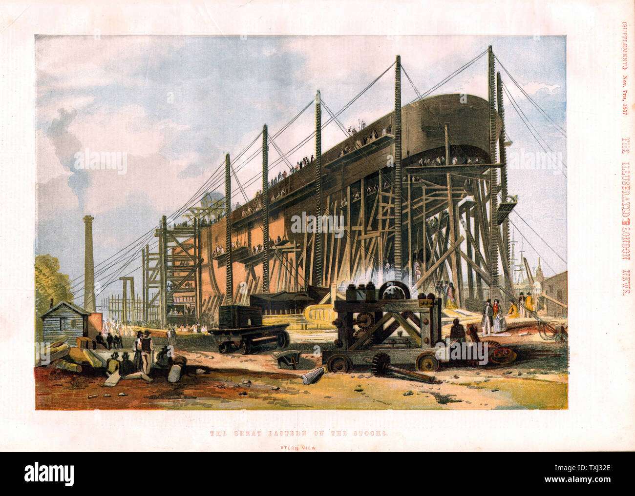 1857 Illustrated London News Supplement illustration of Isambard Kingdom Brunel's ship SS Great Eastern under construction at Millwall, London Stock Photo