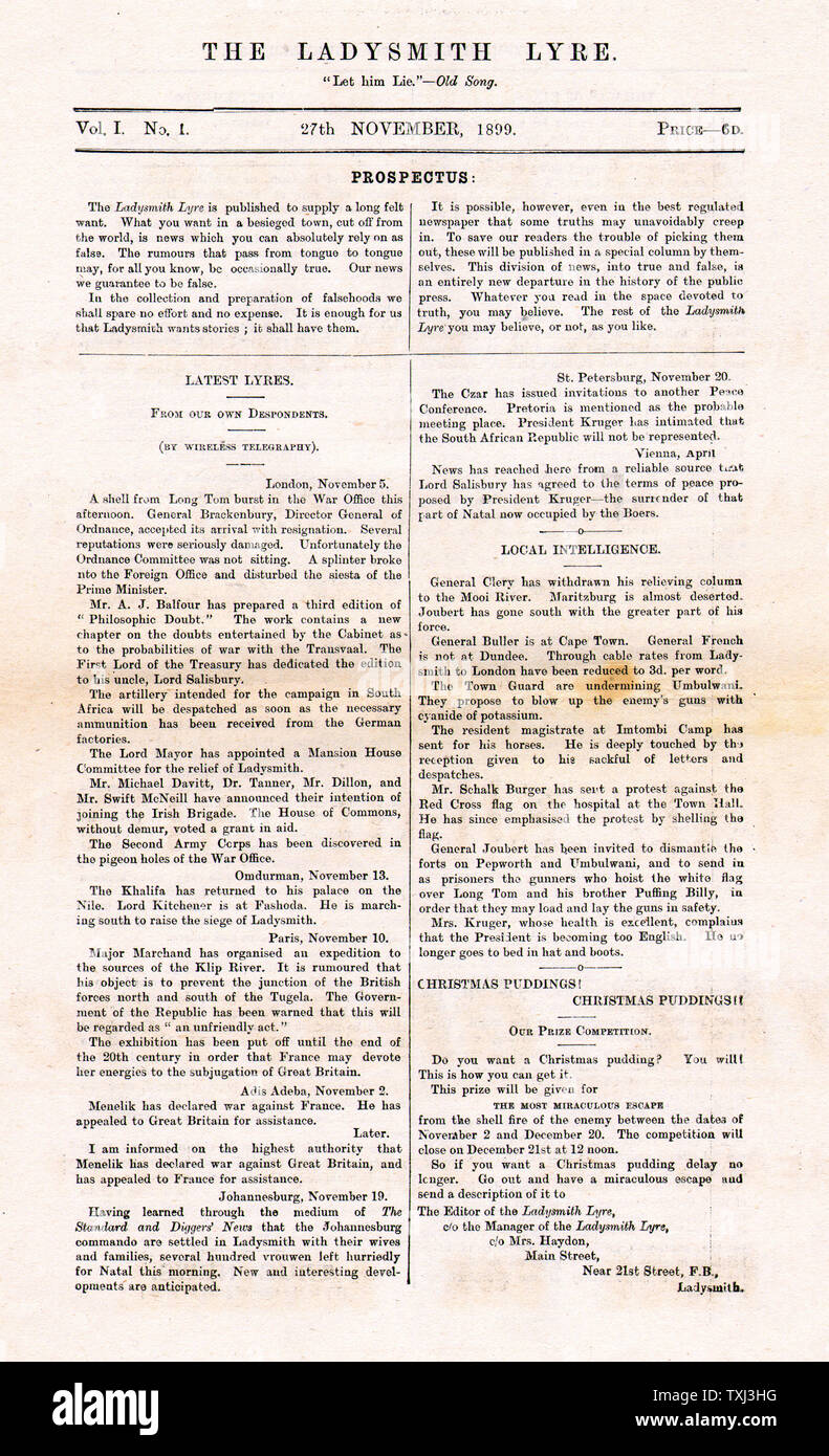 1899 The Ladysmith Lyre front page reporting first edition Published