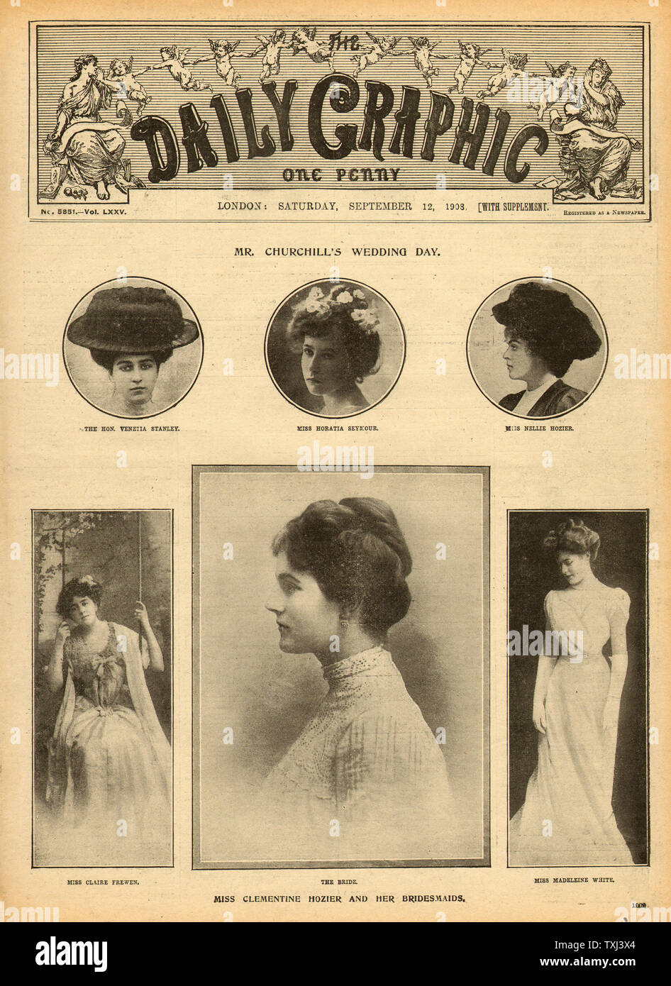 1908 Daily Graphic front page Winston Churchill wedding to Miss