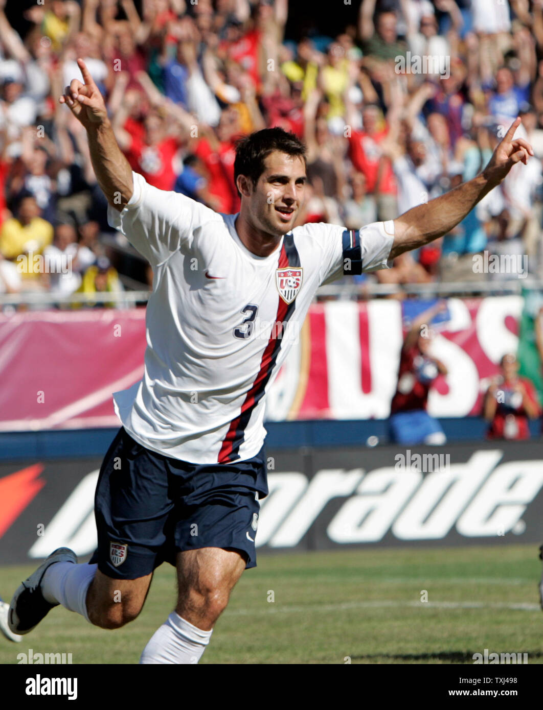USA defender Carlos Bocanegra celebrates scoring a first half goal against Brazil at Soldier Field in Chicago, September 9, 2007. Brazil defeated the USA 4-2 in their international friendly soccer match.      (UPI Photo/Mark Cowan) Stock Photo