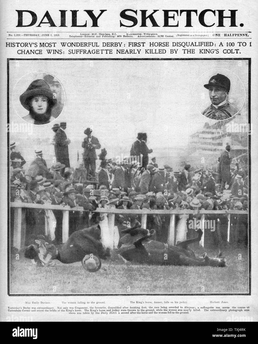 1913 Daily Sketch Front Page Suffragette Emily Davison Throws Herself 1913 Daily Sketch Front Page Suffragette Emily Davison Throws Herself
