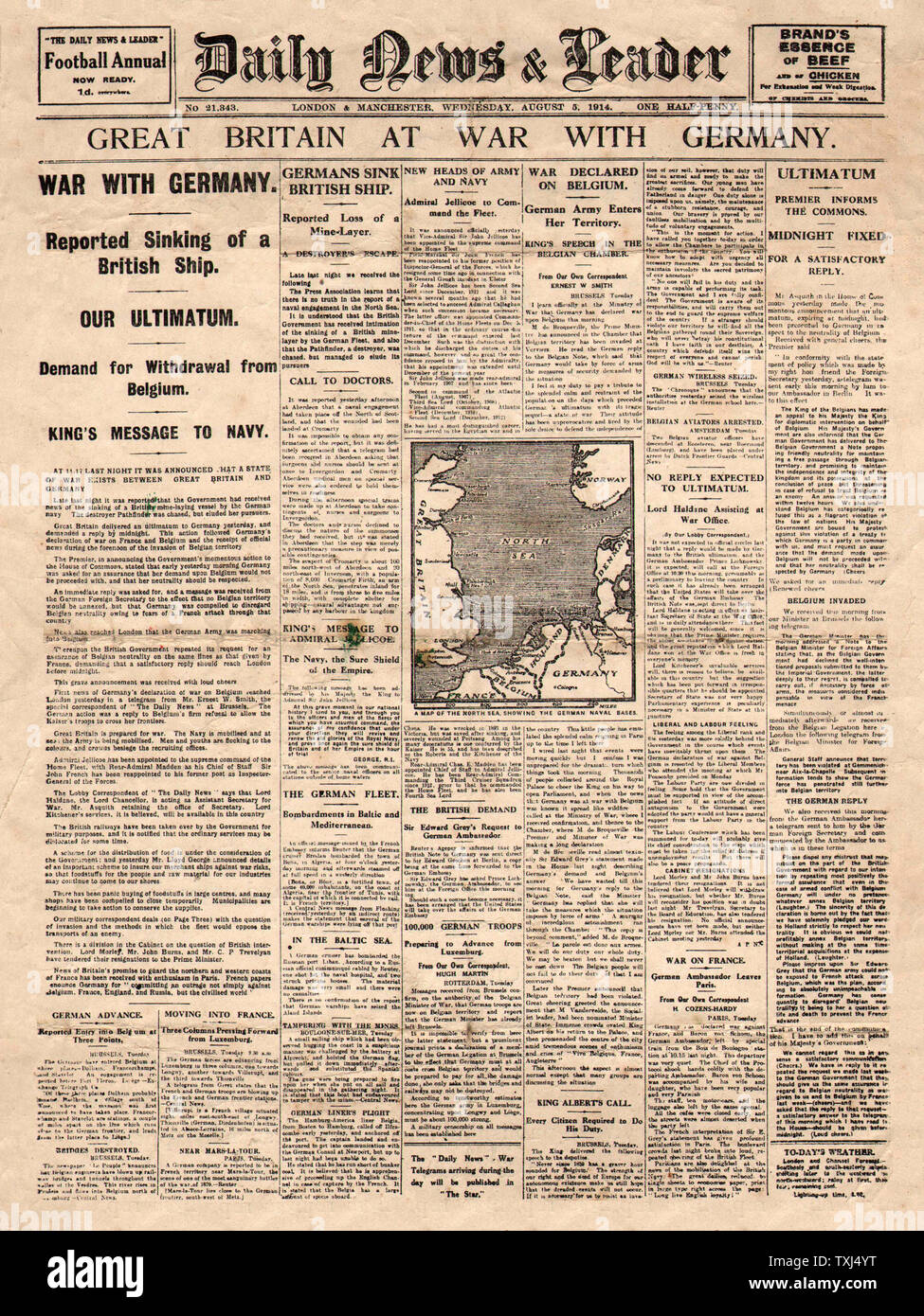 1914 Daily News & Leader front page War declared on Germany by Britain and France Stock Photo