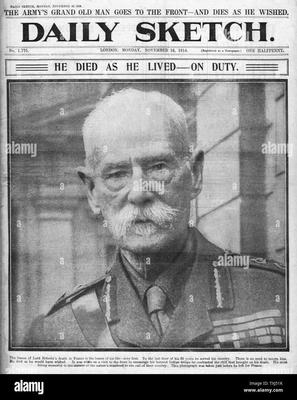 1914 Daily Sketch front page Death of Lord Roberts Stock Photo