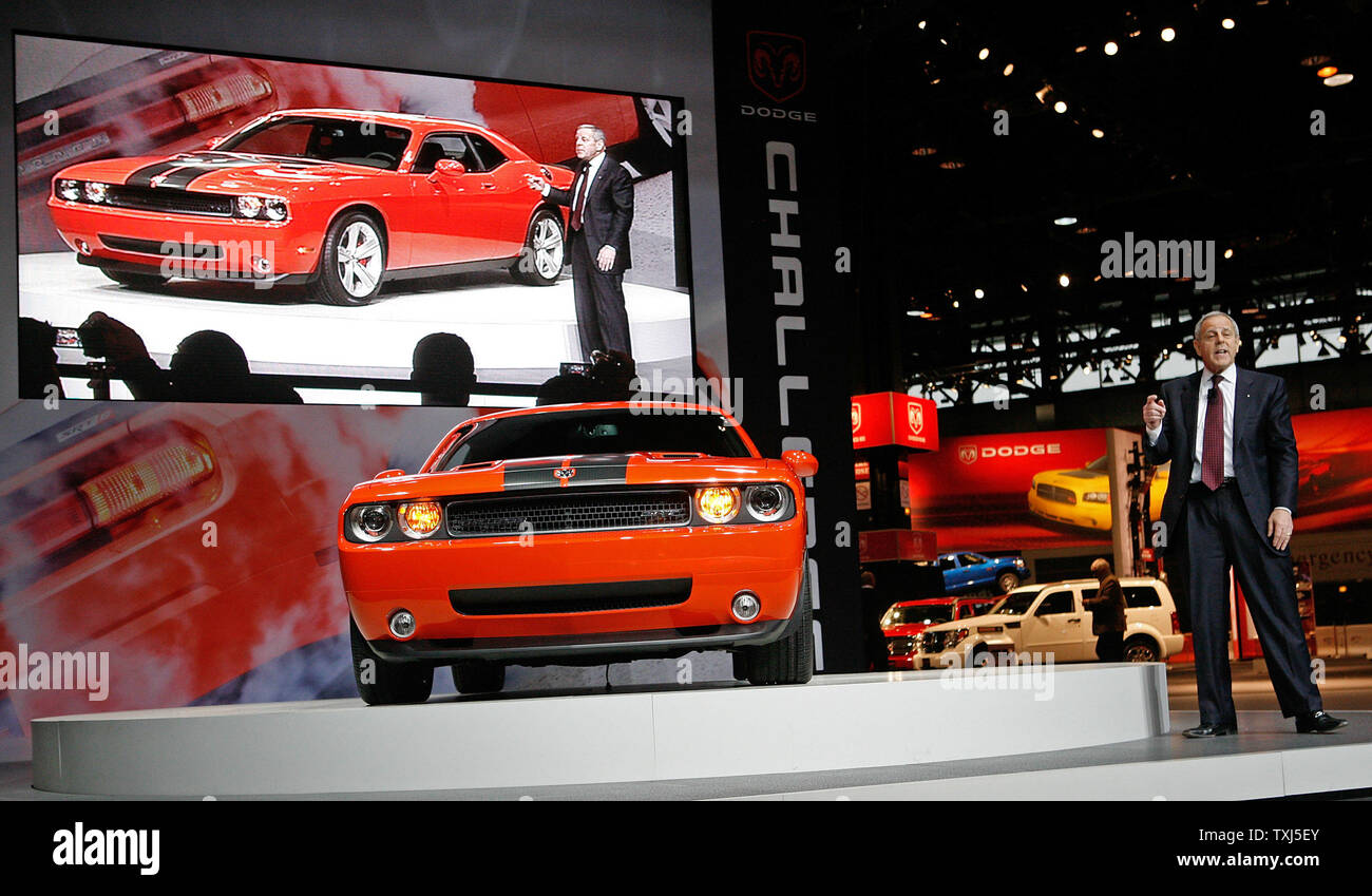 Chrysler LLC vice Chairman and president Jim Press introduces the 2009 Dodge Challenger SRT as it makes its world premier at the 2008 Chicago Auto Show in Chicago on February 6, 2008.  (UPI Photo/Brian Kersey) Stock Photo