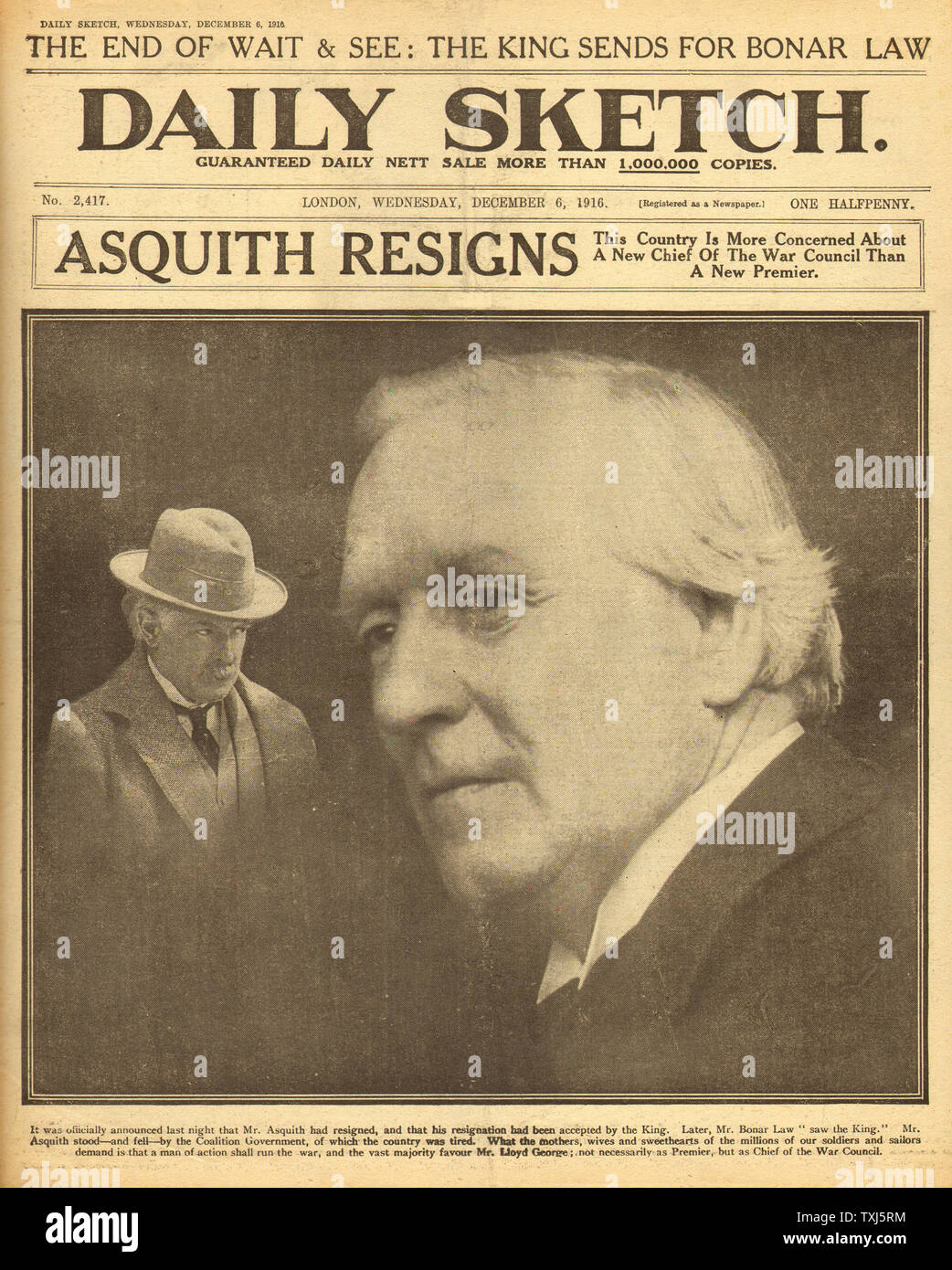 1916 Daily Sketch front page Prime Minister Herbert Asquith resigns Stock Photo