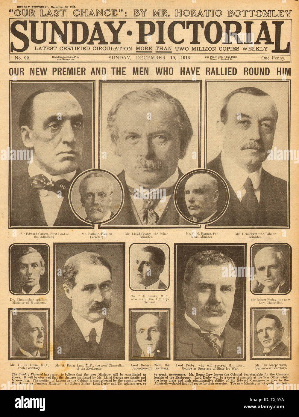 1916 Sunday Pictorial front page reporting David Lloyd George and New Government Stock Photo