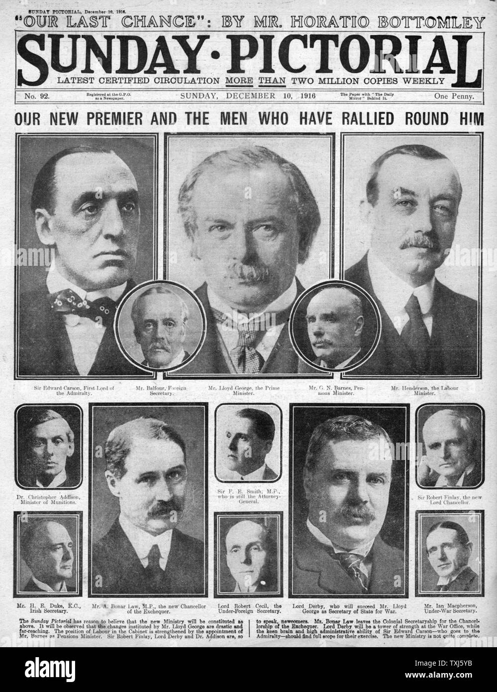 1916 Sunday Pictorial front page reporting David Lloyd George and New Government Stock Photo