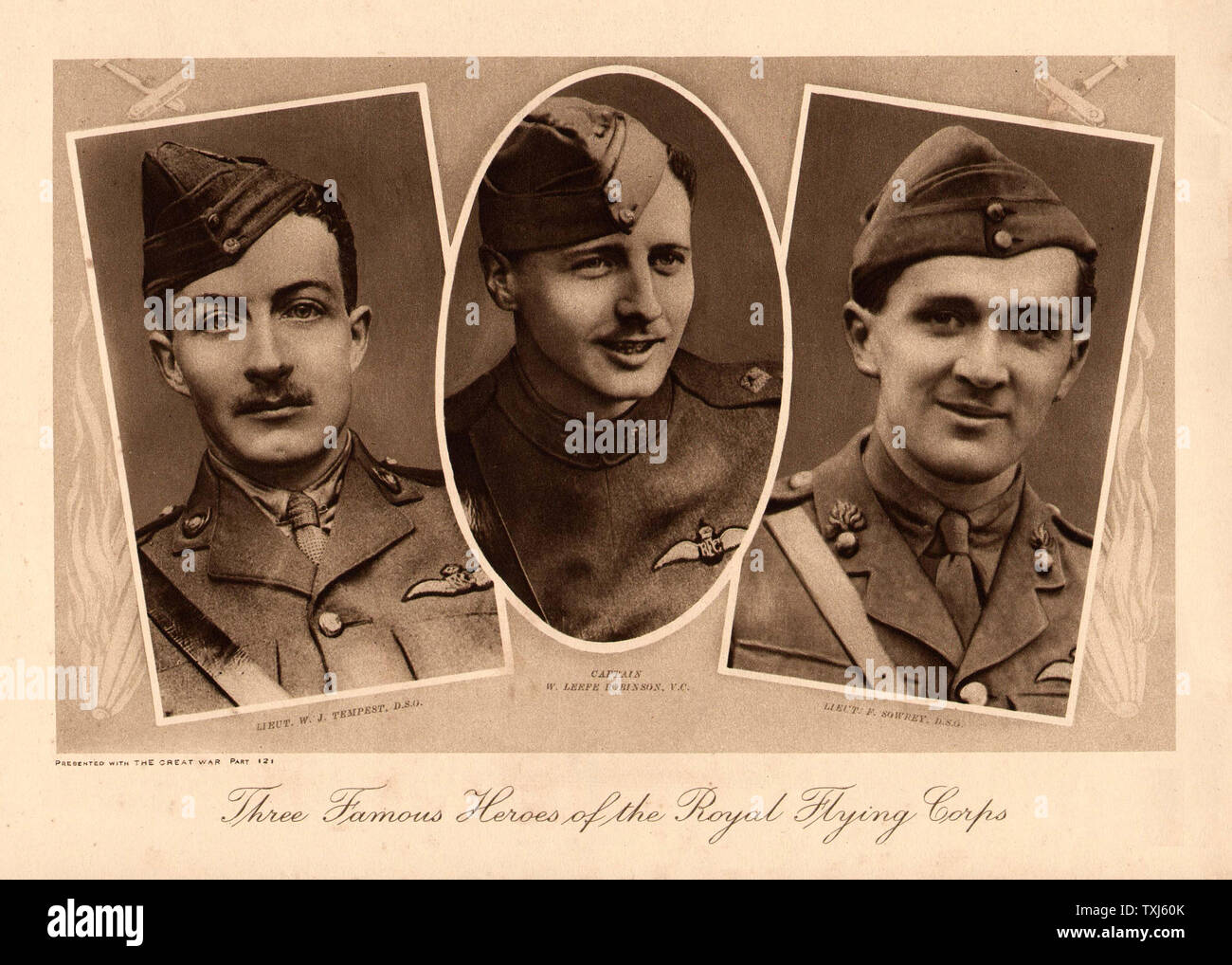 1916 The Great War page Cpt. Leefe Robinson, Lt. Wulstan Tempest & Lt. Sowrey, Zeppelin Victories Flying Corps Stock Photo