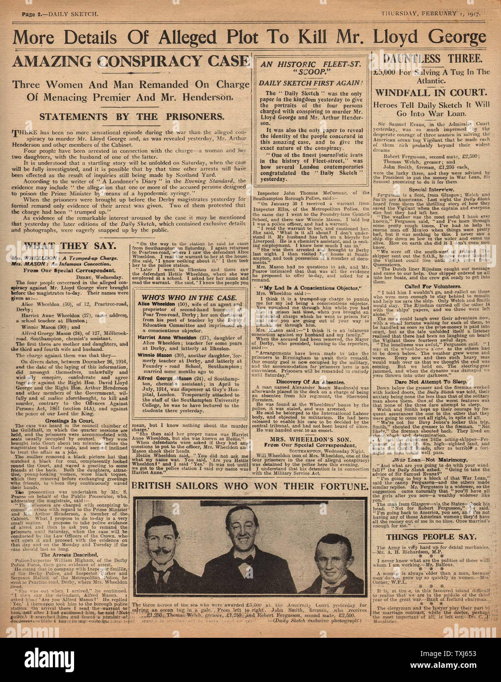 1917 Daily Sketch front page reporting PM Lloyd George Murder Plot & Trial Stock Photo