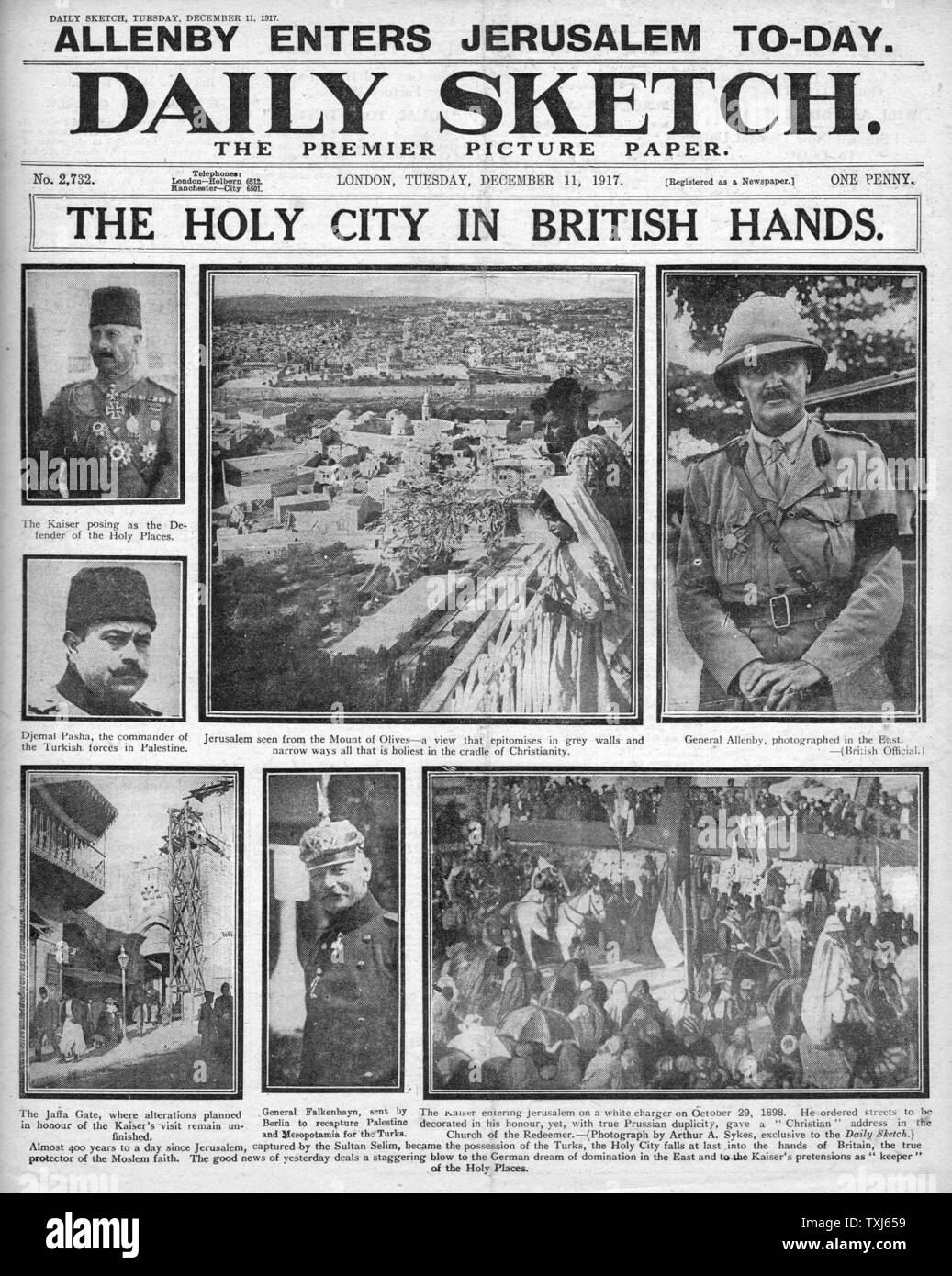 1917 Daily Sketch front page reporting General Allenby enters Jerusalem Stock Photo