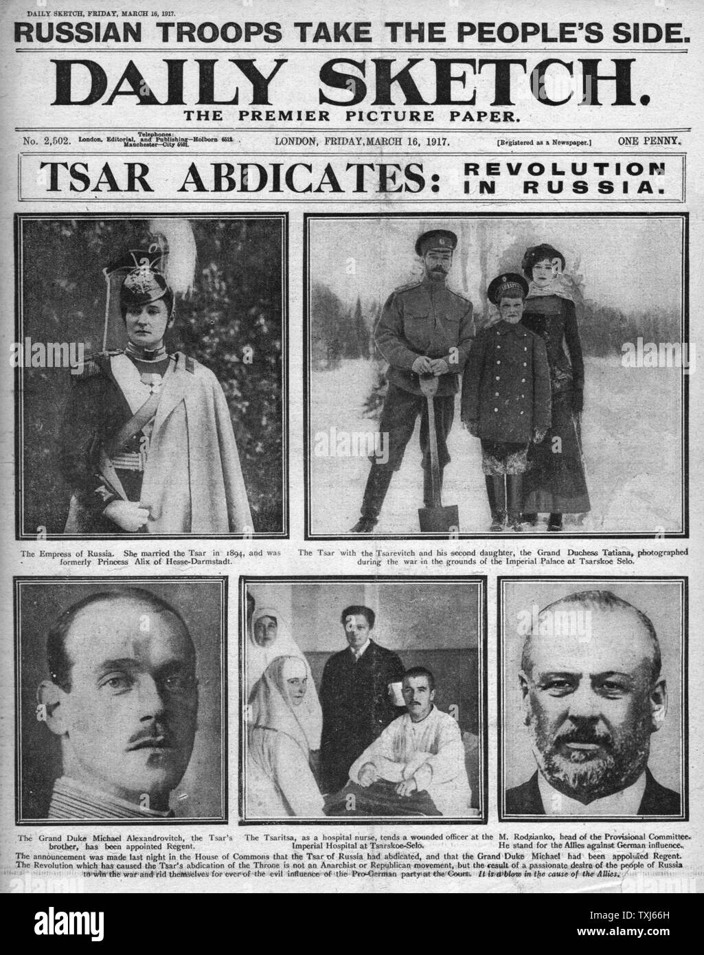1917 Daily Sketch front page reporting Russian Revolution and abdication of the Tsar Stock Photo