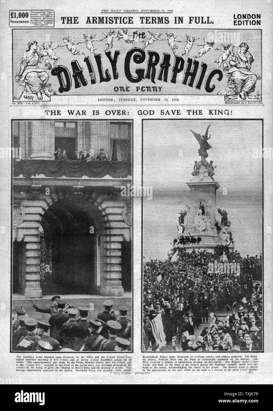 1918 Daily Graphic front page reporting Armistice Stock Photo