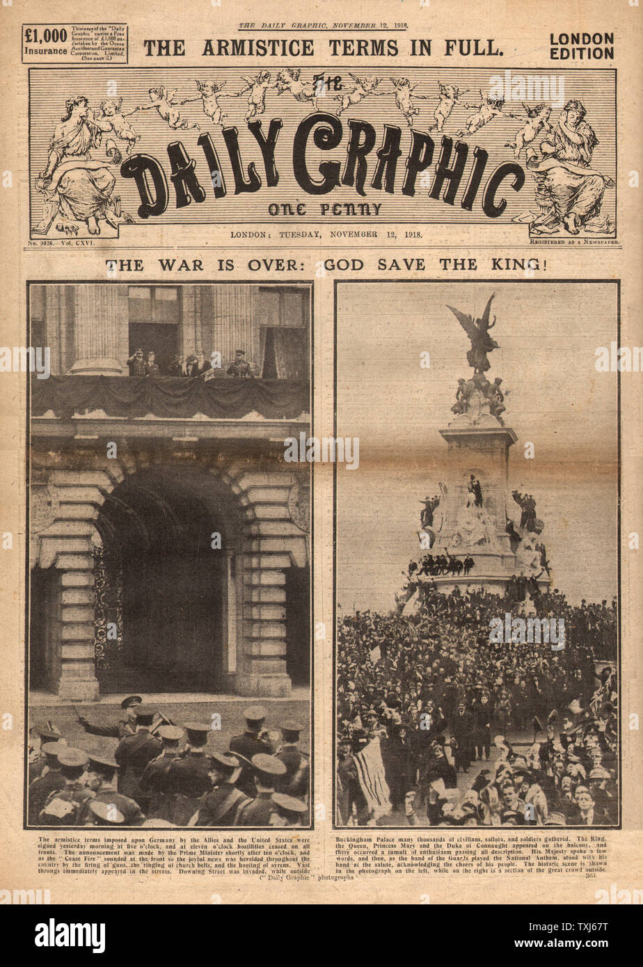 1918 Daily Graphic front page reporting Armistice Stock Photo