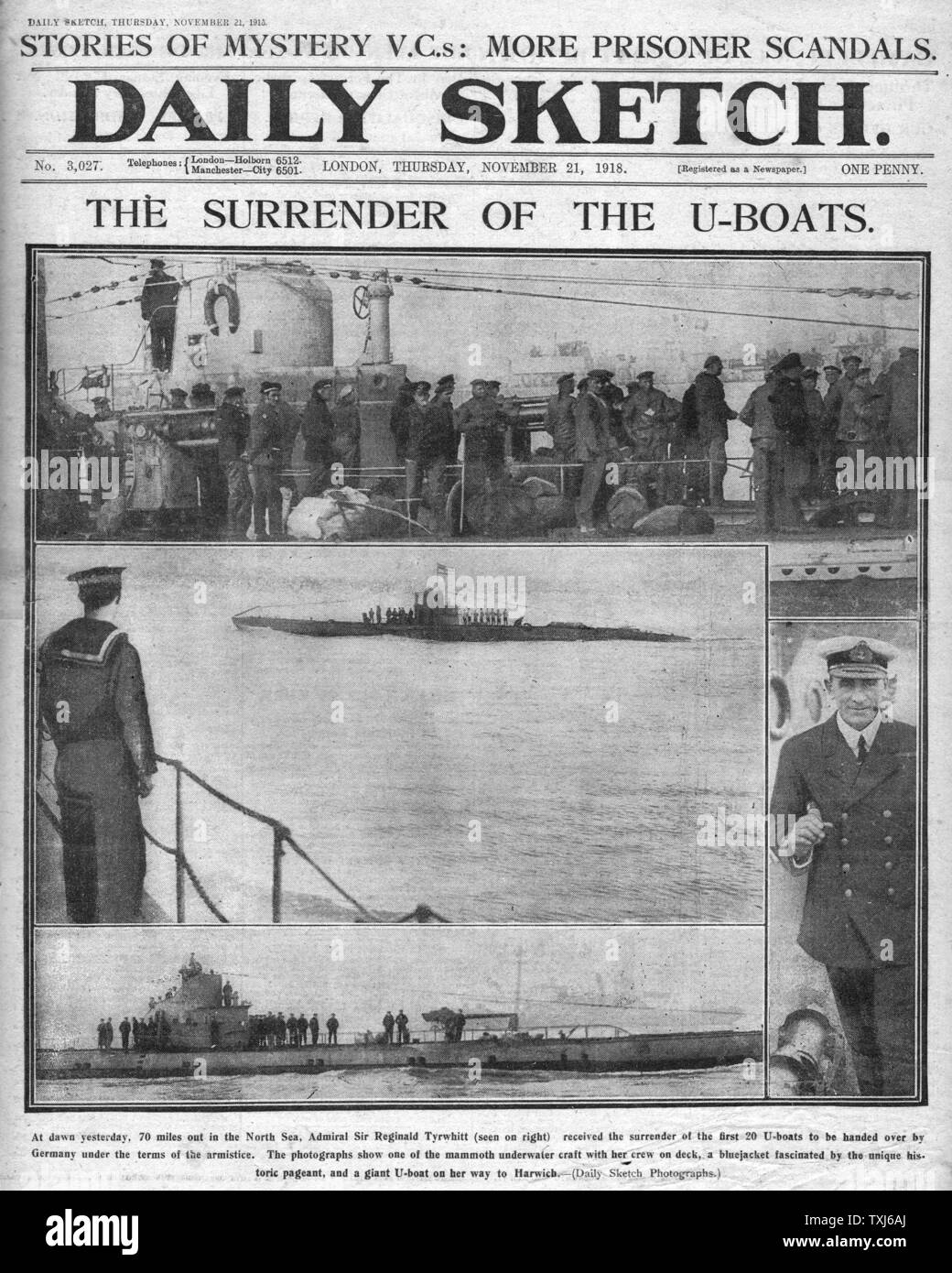 1918 Daily Sketch front page reporting Surrender of German U Boats at Harwich Stock Photo