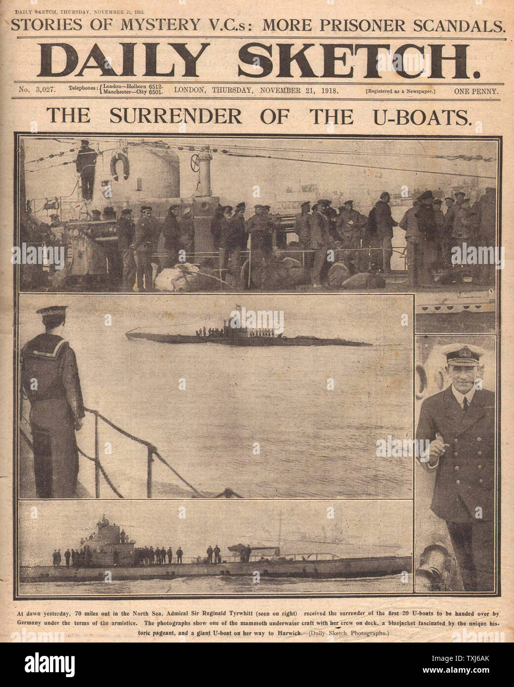 1918 Daily Sketch front page reporting Surrender of German U Boats at Harwich Stock Photo