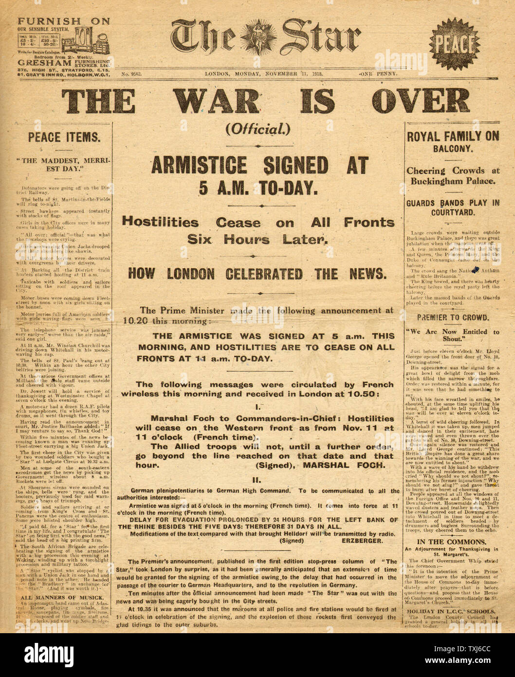 1918 The Star front page reporting Armistice Stock Photo