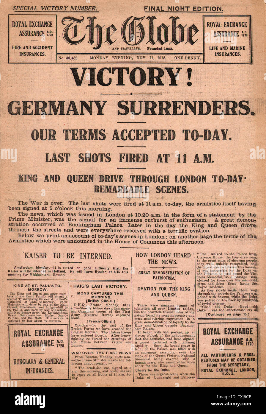 1918 The Globe front page reporting Armistice Stock Photo