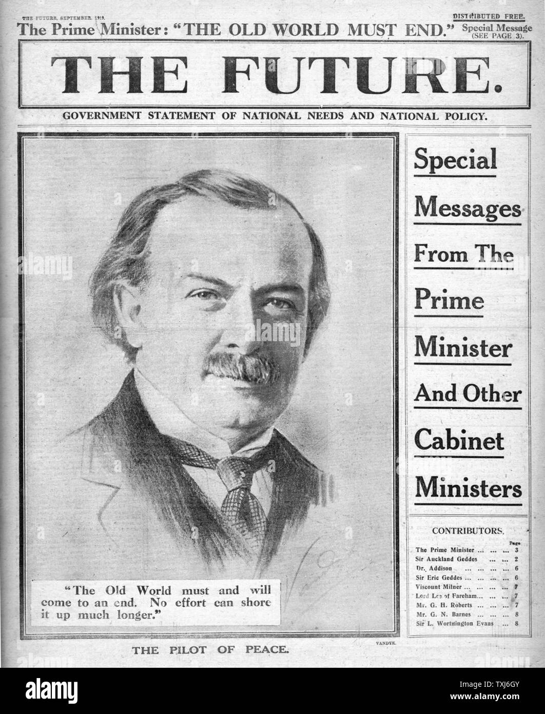1919 The Future front page front page reporting Message from Prime Minister David Lloyd George and other cabinet ministers Stock Photo