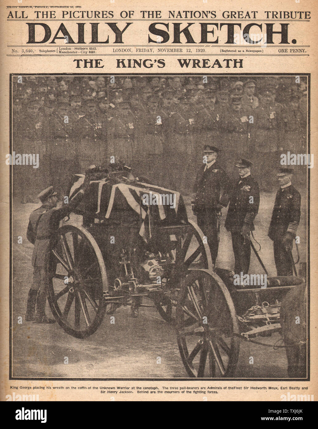 1920 Daily Sketch front page reporting King George V lays wreath on coffin of the Unknown Warrior at The Cenotaph Stock Photo