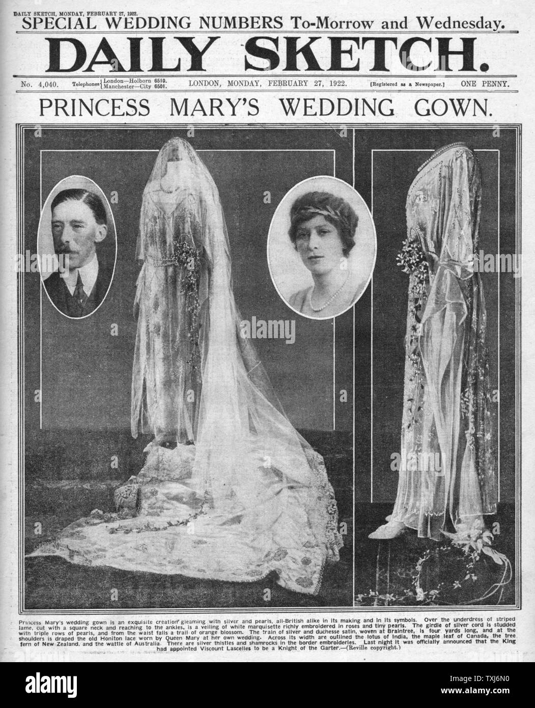 princess mary wedding dress 1922 1922 Daily Sketch front page reporting Princess Mary's Bridal Gown Royal  Wedding to Viscount Lascelles Stock Photo