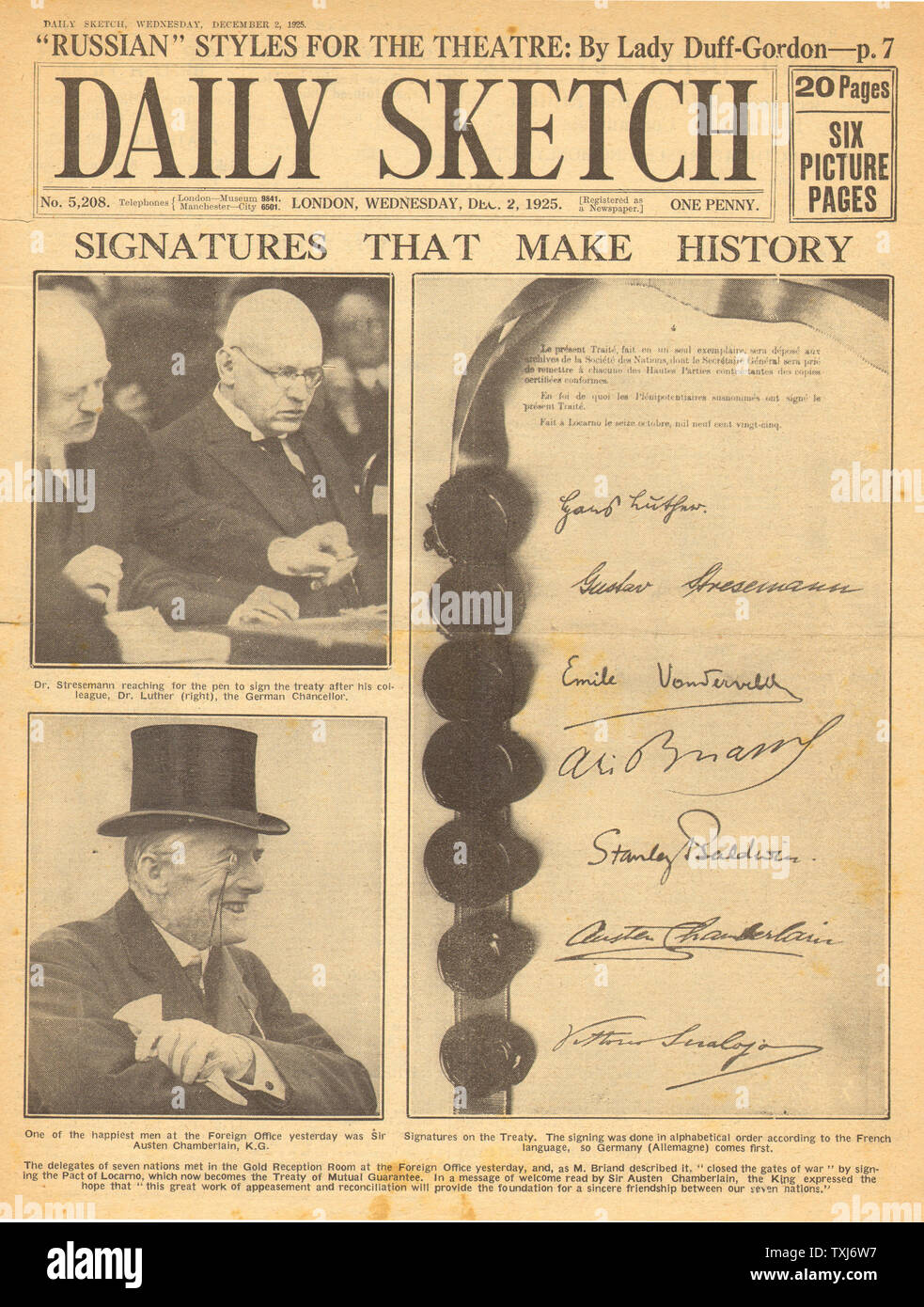 1925 Daily Sketch front page reporting Locarno Treaty Stock Photo