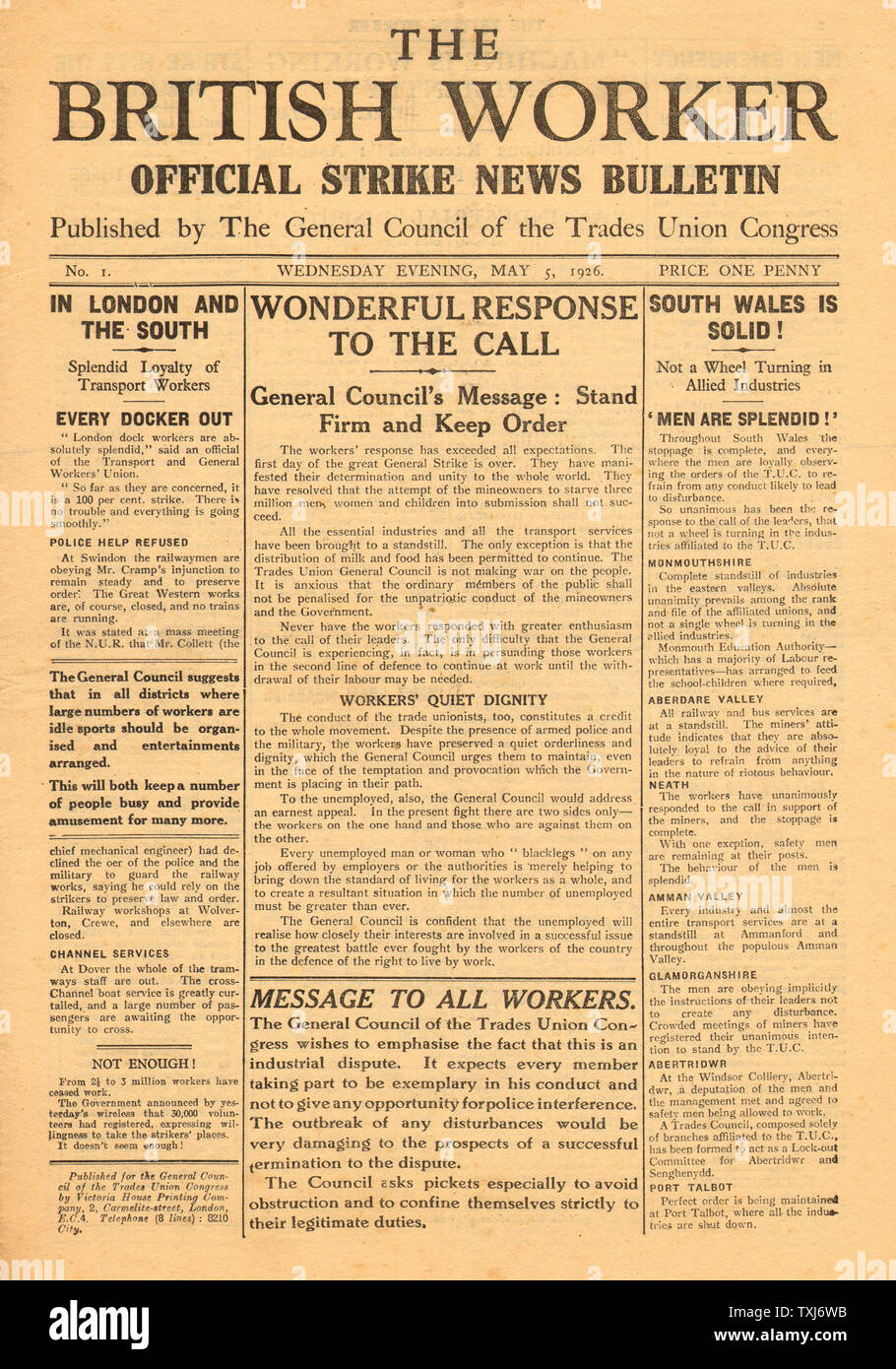 1926 British Worker front page reporting General Strike Begins Stock Photo