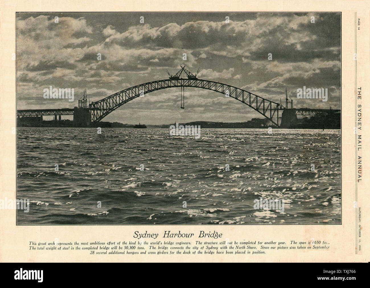 1930 The Sydney Mail Annual front page reporting Sydney Harbour Bridge under construction Stock Photo