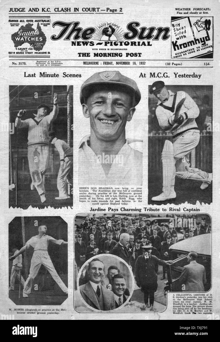 1932 The Sun (Melbourne, Australia) front page reporting Cricket Don Bradman Stock Photo