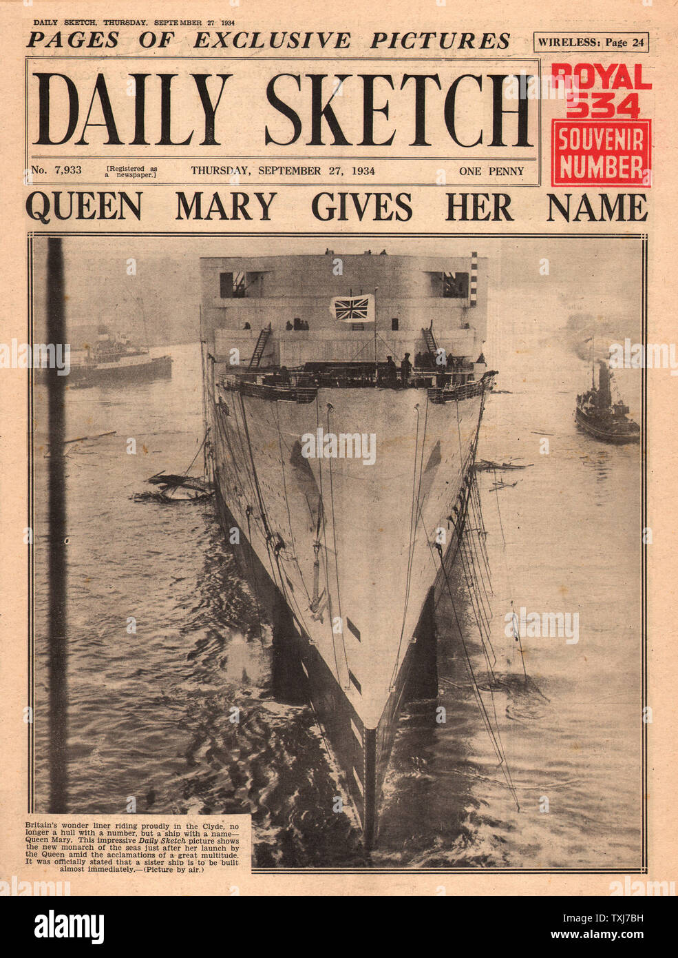 1934 Daily Sketch front page reporting Launching of the Queen Mary on the River Clyde, Scotland Stock Photo