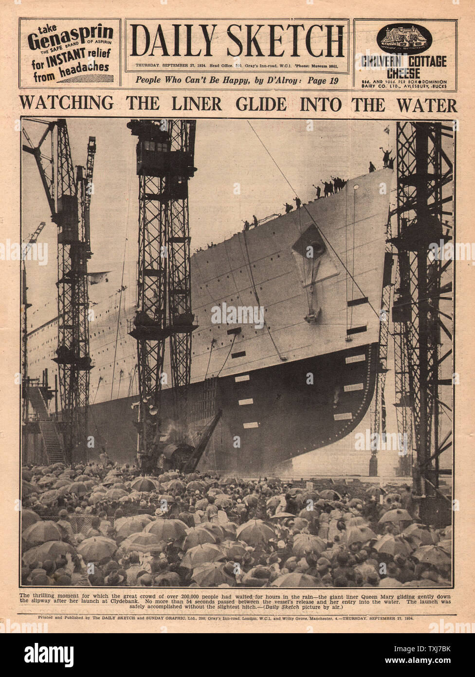 1934 Daily Sketch back page reporting Launching of the Queen Mary on the River Clyde, Scotland Stock Photo