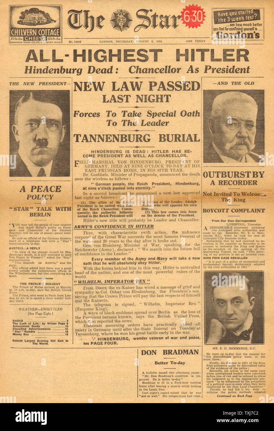 1934 The Star front page reporting Hindenburg Dead & Adolf Hitler President Stock Photo