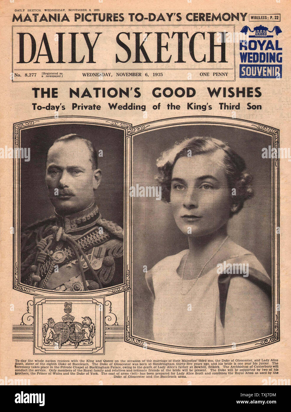 1935 Daily Sketch front page reporting Wedding of Duke of Gloucester to Lady Alice Montagu-Douglas-Scott Stock Photo
