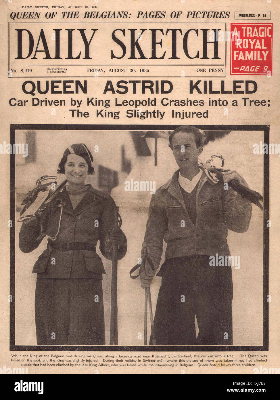 1935 Daily Sketch front page reporting Queen Astrid of Belgium killed in car crash Stock Photo