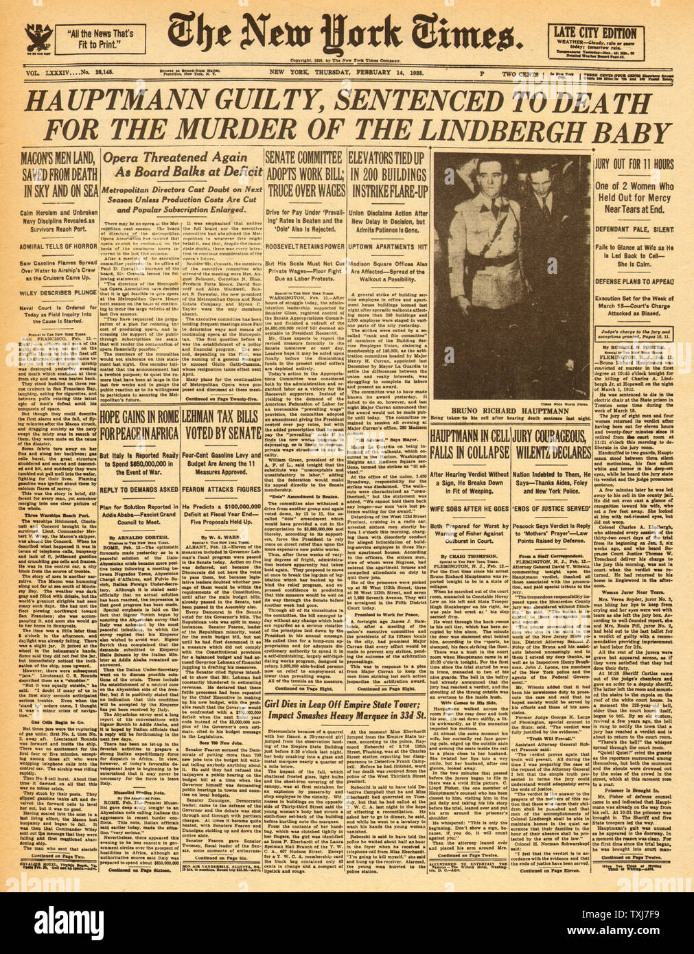 1935 New York Times front page reporting Charles Lindbergh Baby Kidnap Bruno Hauptmann Guilty Stock Photo