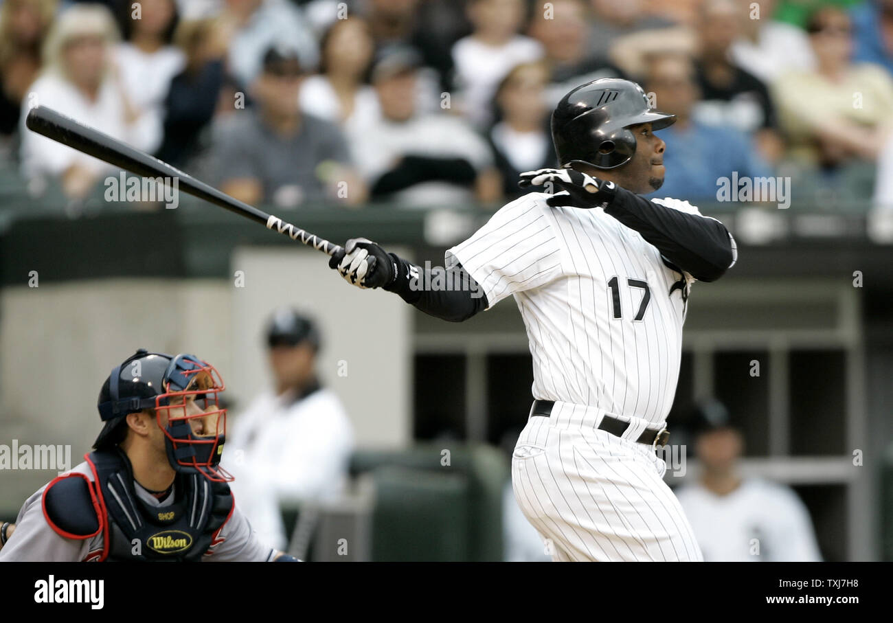 Chicago White Sox's Ken Griffey Jr. hits a double against the Cleveland  Indians during the second inning at U.S. Cellular Field in Chicago on  September 28, 2008. The White Sox won 5-1. (