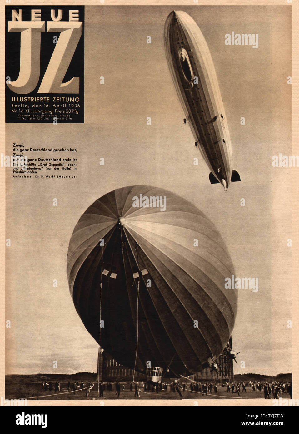 1936 Neue Illustrirte Zeitung Zeppelin's Hindenburg and Graf Zeppelin at Friederichshafen, Germany Stock Photo