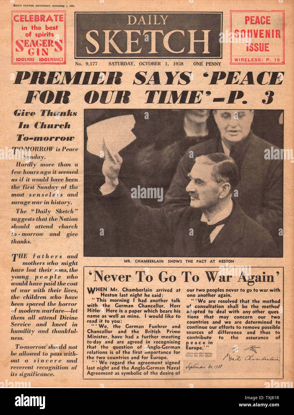 1938 Daily Sketch front page Munich Agreement and Neville Chamberlain Stock  Photo - Alamy
