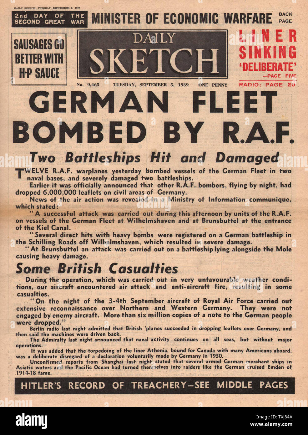 1939 Daily Sketch front page RAF bombs Northern Germany Stock Photo