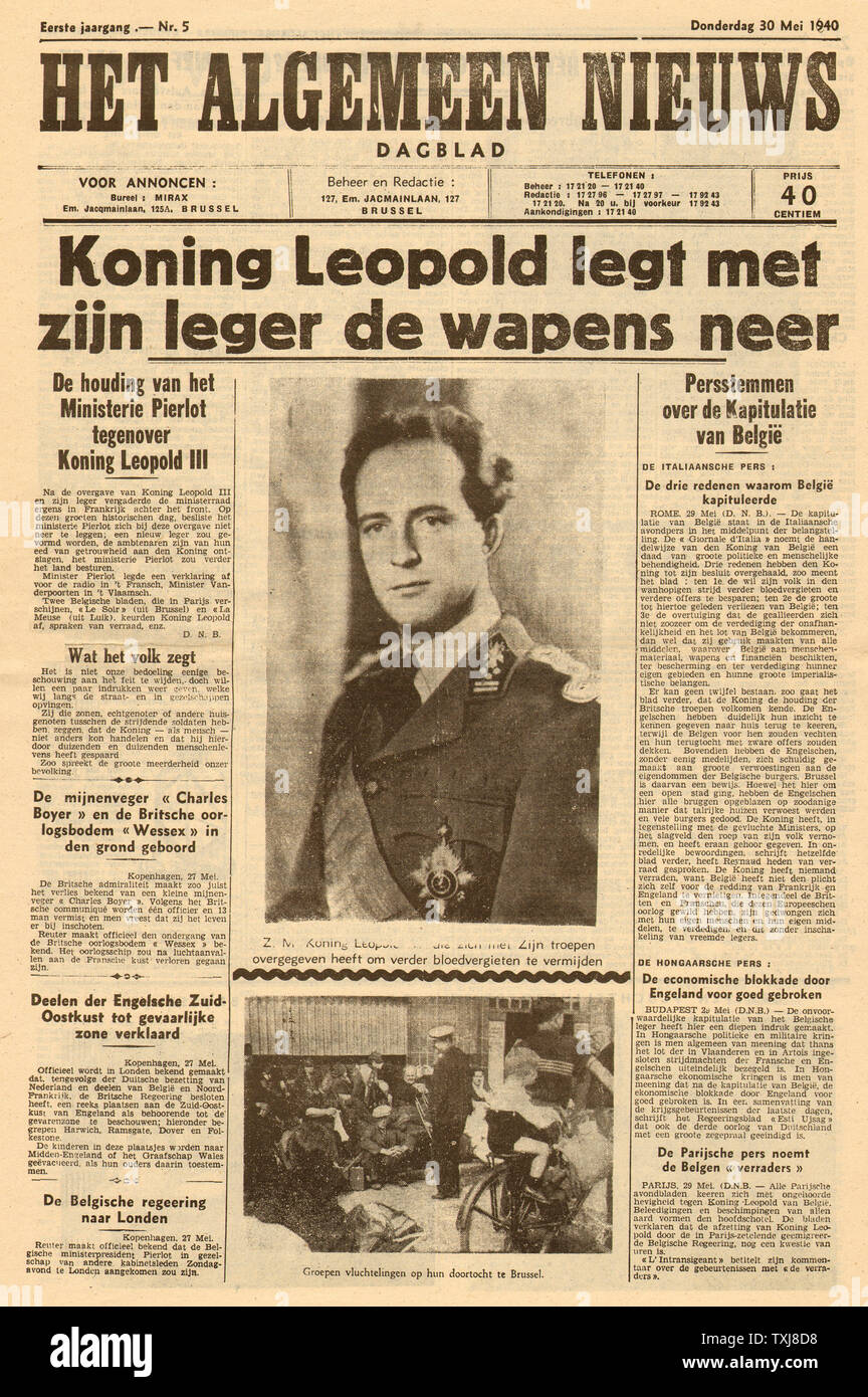 1940 Het Algemeen Nieuws Belgium surrender Stock Photo