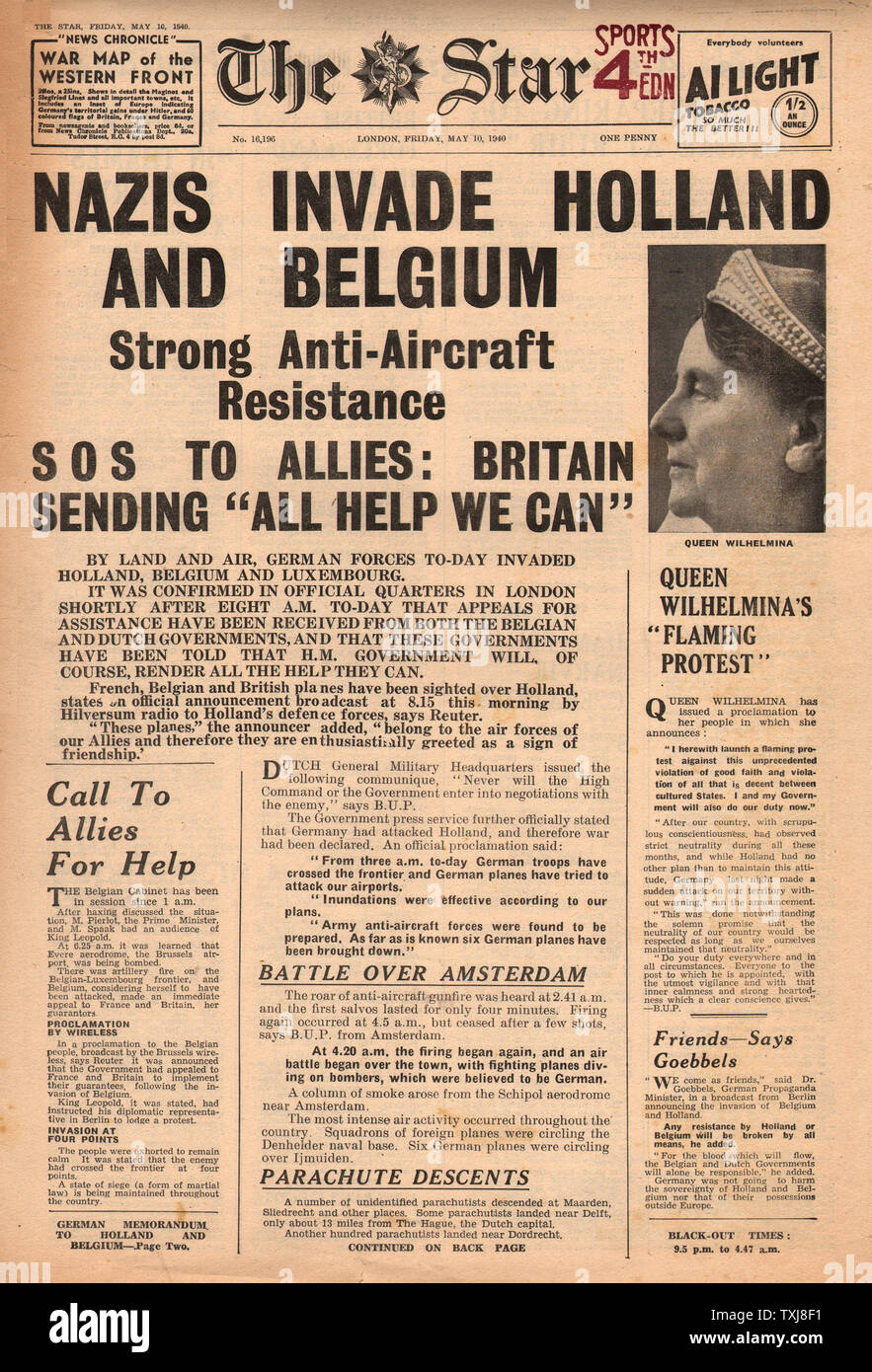 1940 The Star (London) Germany invades Holland and Belgium Stock Photo