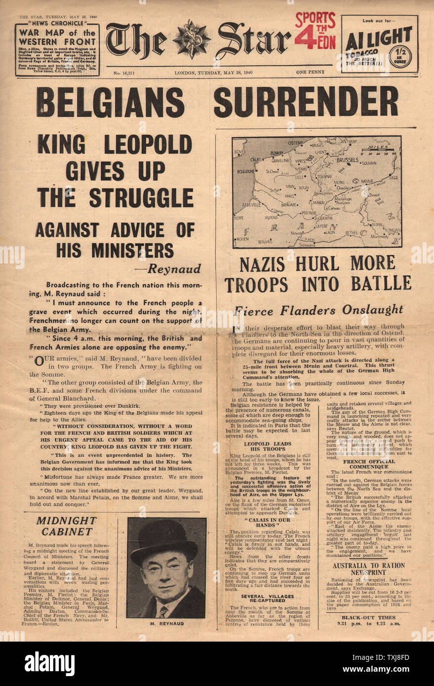 1940 The Star (London) Belgium surrenders Stock Photo