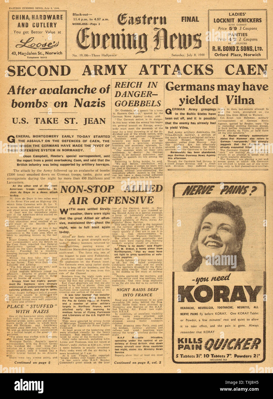 1944 Eastern Evening News (Norwich) Normandy Campaign Stock Photo