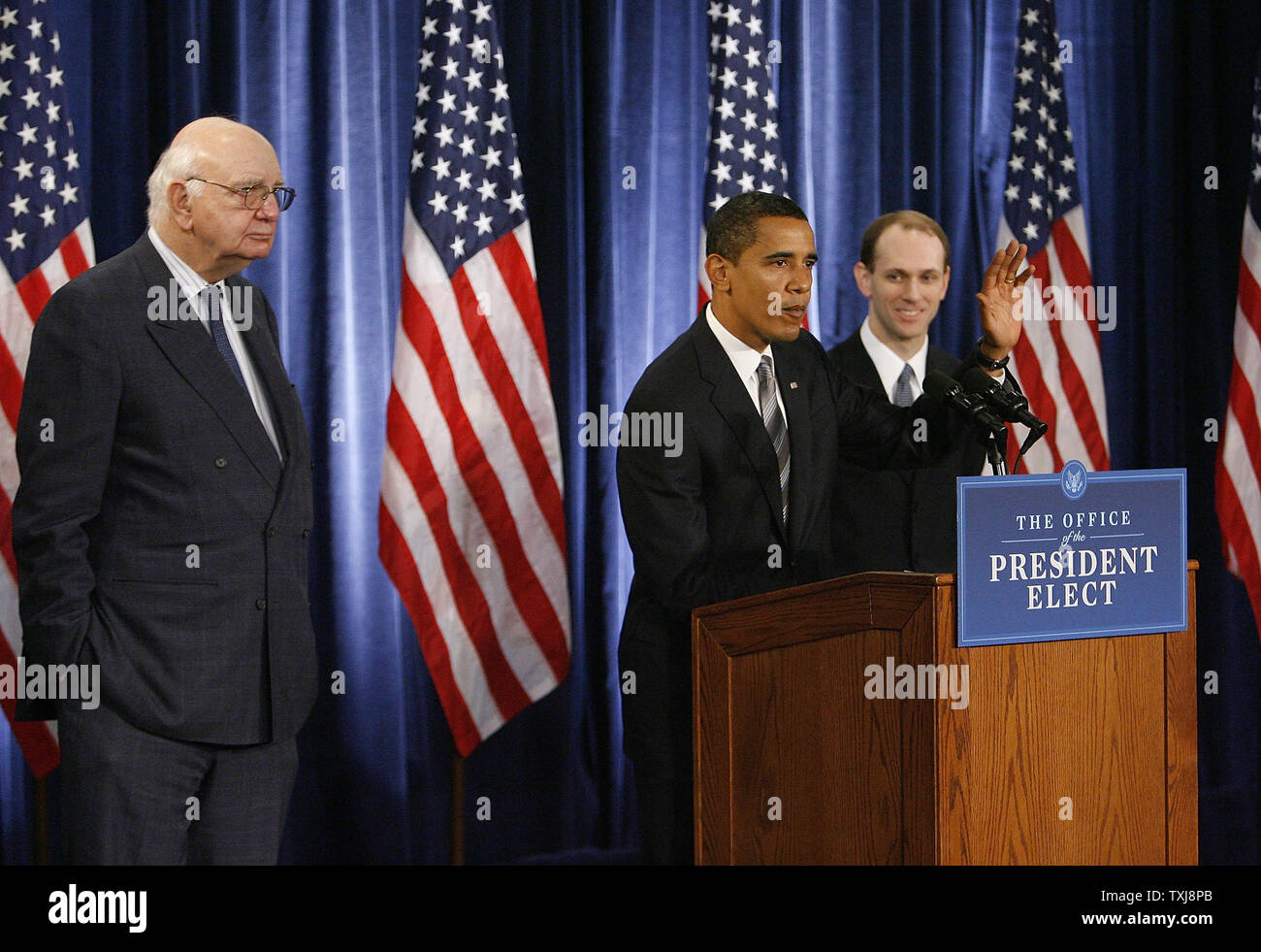 President Elect Barack Obama C Stands With Former Federal Reserve Chairman Paul Volcker L And University