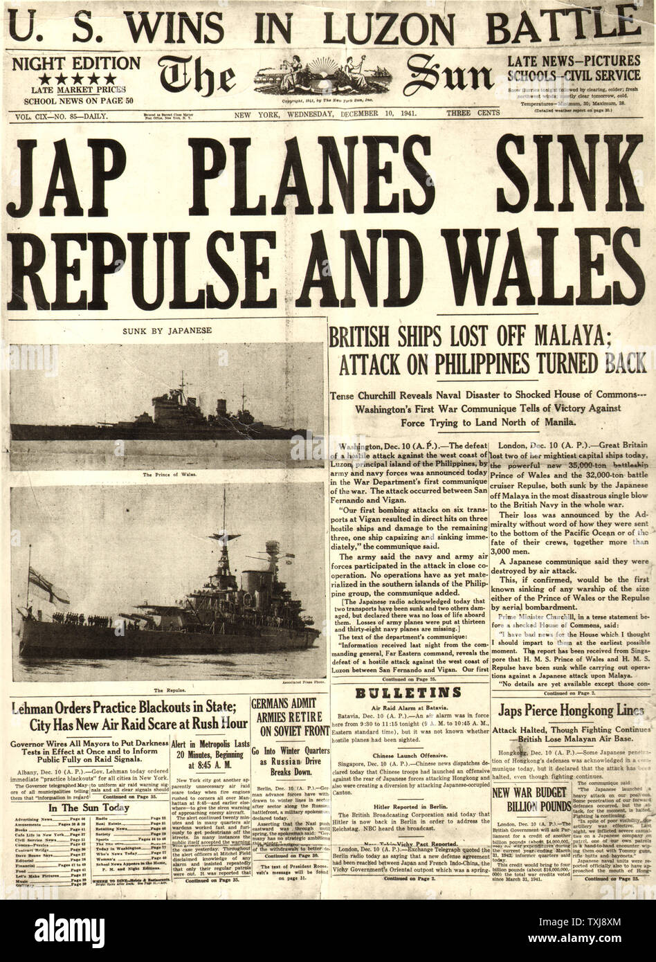 1941 The Sun (New York) HMS Prince of Wales and HMS Repulse sunk Stock Photo