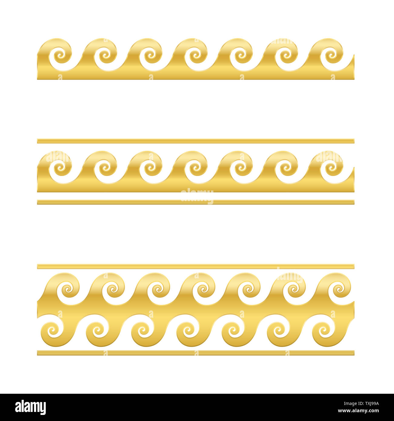 Golden wave pattern, greek meander design. Running dog pattern over white, decorative border. Also Vitruvian wave or Vitruvian scroll. Stock Photo