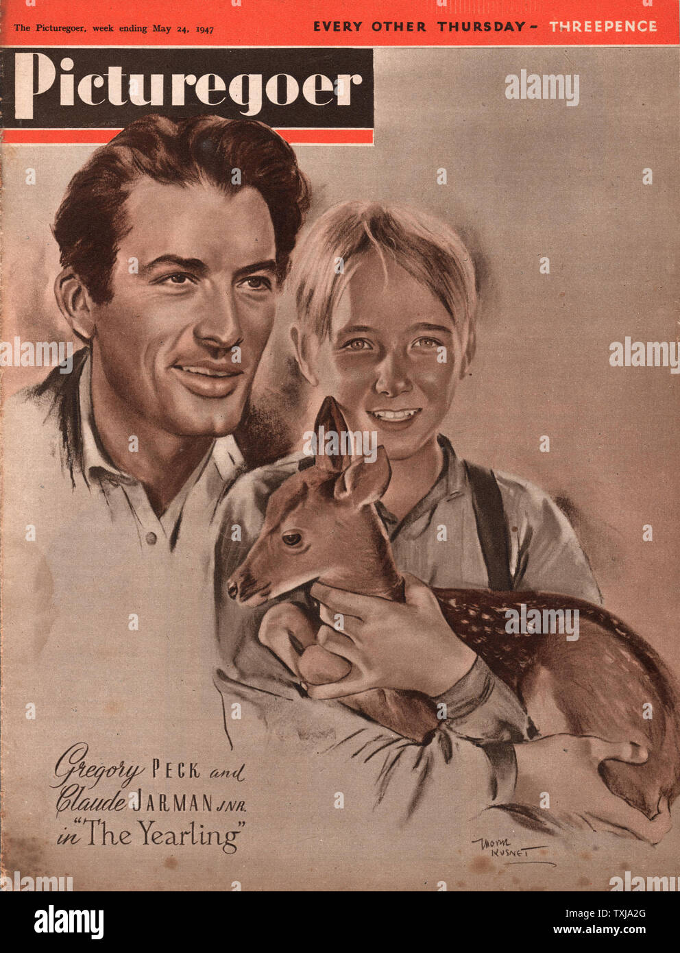 1947 Picturegoer magazine front page actor Gregory Peck and Claude Jarman Jr in The Yearling Stock Photo