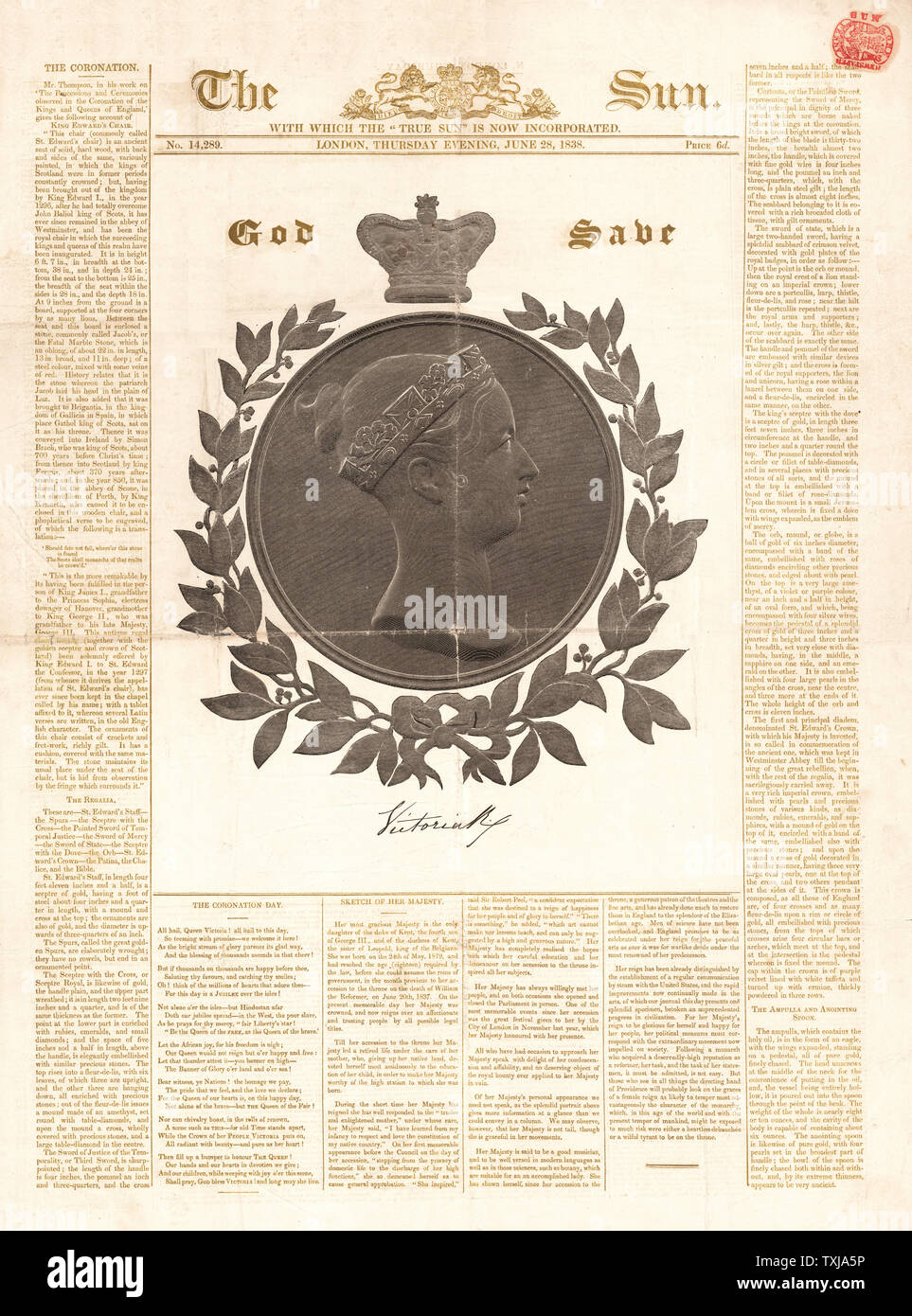 1838 The Sun newspaper front page Coronation of Queen Victoria Stock Photo