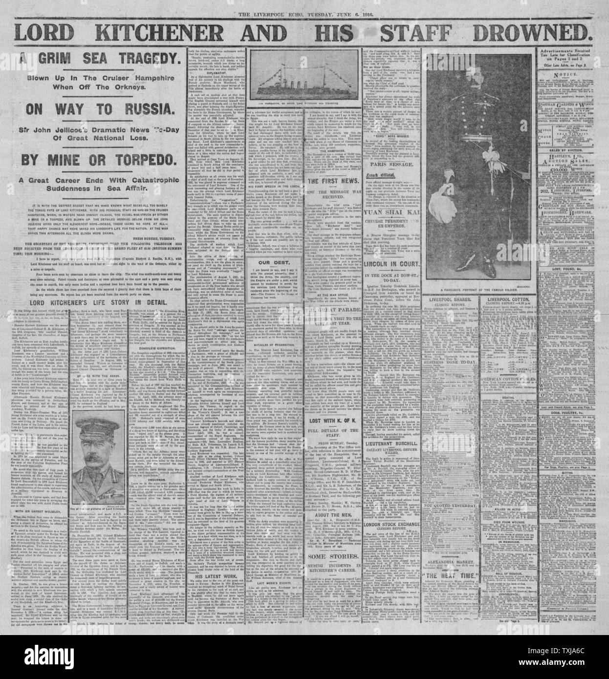 1916 Liverpool Echo newspaper front page Lord Kitchener and his staff drowns Stock Photo