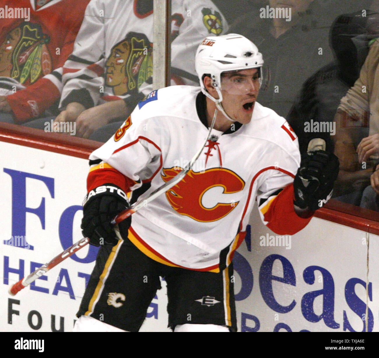 Calgary Flames winger Michael Cammalleri celebrates after scoring during the third period of game 1 of the first round Stanley Cup Playoffs against the Chicago Blackhawks at the United Center in Chicago on April 16, 2009. (UPI Photo/Brian Kersey) Stock Photo